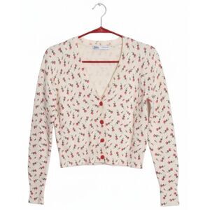 Zara womens medium sweater cardigan cream red fairy Cottagecore wool blend